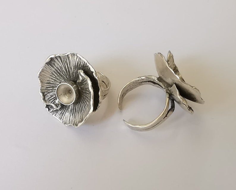 Flower silver ring blank base bezel settings cabochon base Mountings Adjustable (8mm blank) , Antique Silver Plated Brass G25451