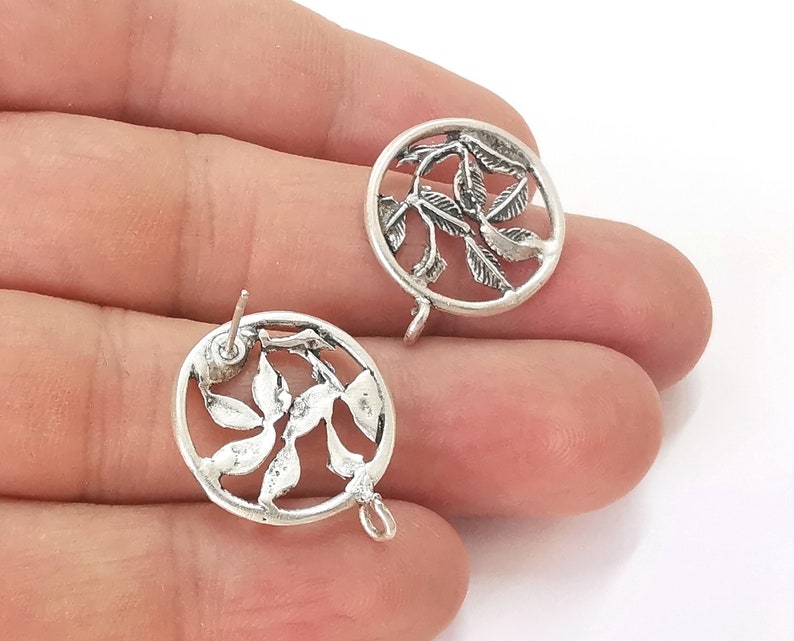 Leaves earring stud base Earring posts Antique silver plated brass Earring 1 pair (25x20mm) G25493