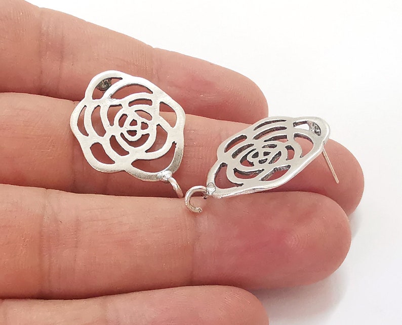 Rose flower earring stud base Earring posts Antique silver plated brass Earring 1 pair (28x20mm) G25492