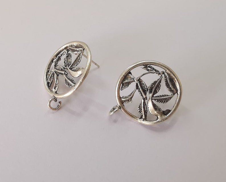 Leaves earring stud base Earring posts Antique silver plated brass Earring 1 pair (25x20mm) G25493