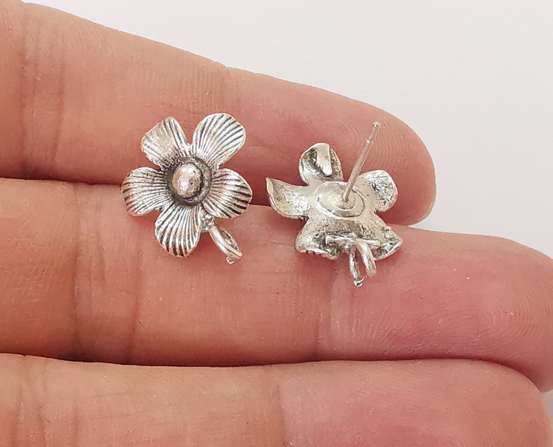 Flower earring stud base Earring posts Antique silver plated brass Earring 1 pair (18x16mm) G25494