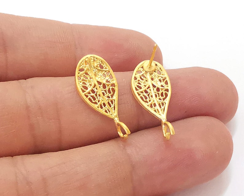 Drop filigree earring stud base Gold plated brass earring 1 pair (23x10mm) G25497