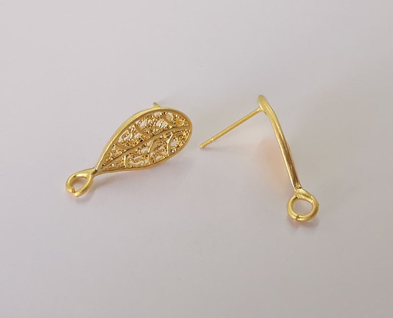 Drop filigree earring stud base Gold plated brass earring 1 pair (23x10mm) G25497
