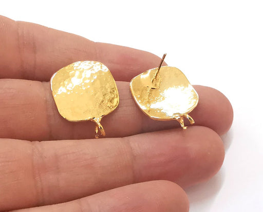 Hammered plate earring stud base Shiny gold plated brass earring 1 pair (23x18mm) G25498
