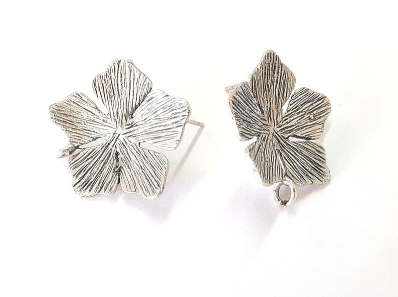 Flower earring stud base Earring posts Antique silver plated brass earring 1 pair (26x24mm) G25500