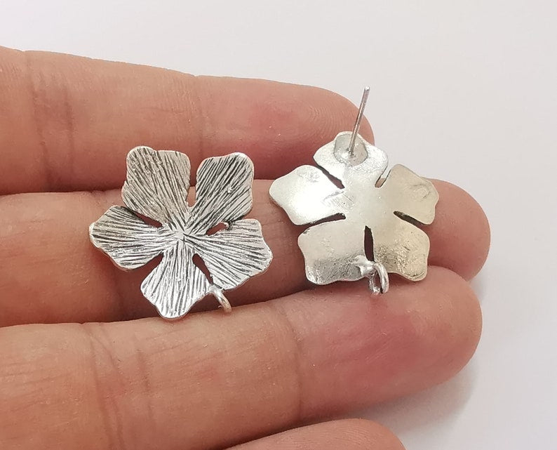 Flower earring stud base Earring posts Antique silver plated brass earring 1 pair (26x24mm) G25500