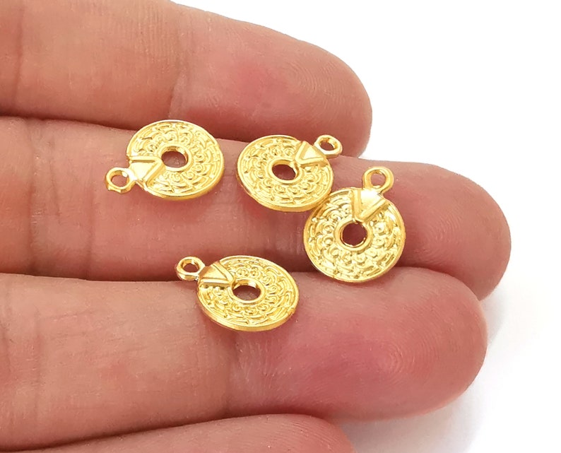 10 Ethnic round gold charms (Double sided) Gold plated charms (14x11mm) G25507