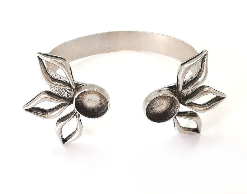 Leaves leaf bracelet brass cuff blank bezel Glass cabochon base Adjustable antique silver plated ( 12 mm ) G25512