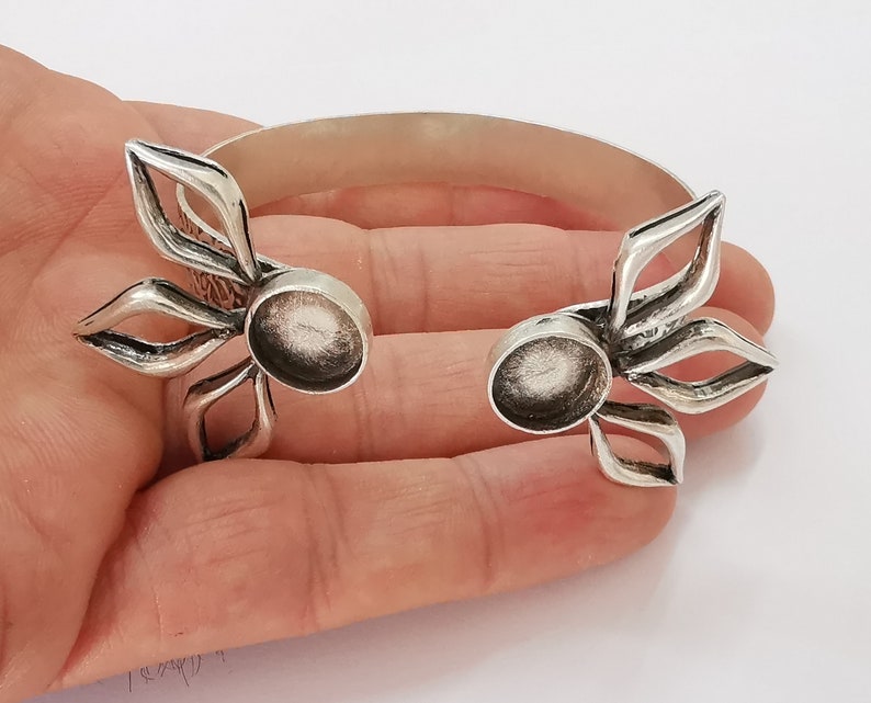 Leaves leaf bracelet brass cuff blank bezel Glass cabochon base Adjustable antique silver plated ( 12 mm ) G25512