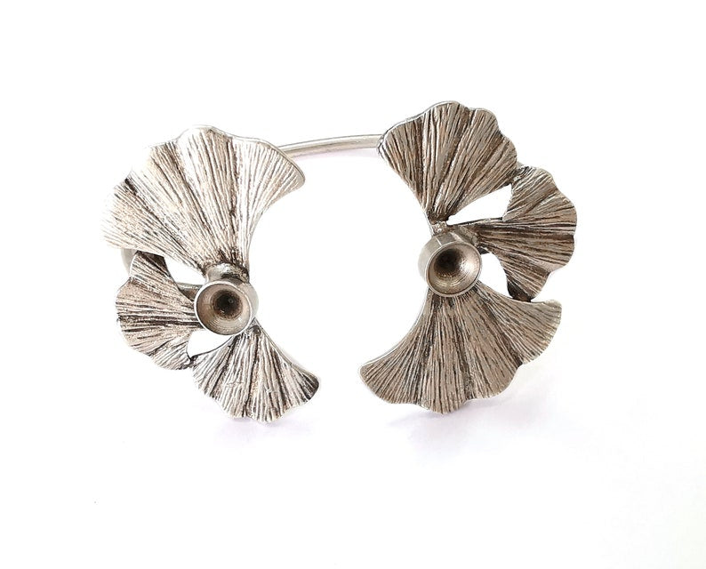 Ginkgo leaves bracelet brass cuff blank bezel Glass cabochon base Adjustable antique silver plated (8mm ) G25517