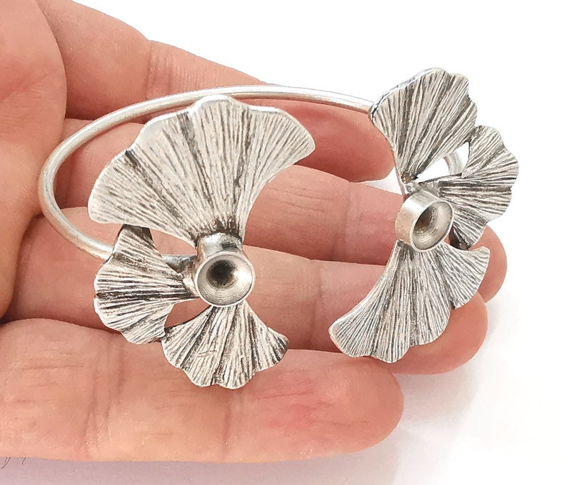 Ginkgo leaves bracelet brass cuff blank bezel Glass cabochon base Adjustable antique silver plated (8mm ) G25517