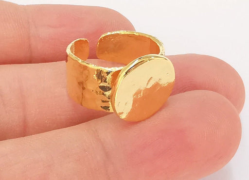 Gold Ring Setting Blank Large Ring Mounting Cabochon Base Adjustable Ring Base (13mm) 24K Shiny Gold Plated G25523