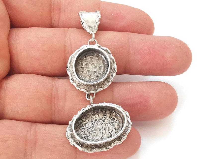 Silver pendant blank resin blank mosaic base blank inlay Necklace blank mountings Antique silver plated brass (19+13mm+13mm ) G25528