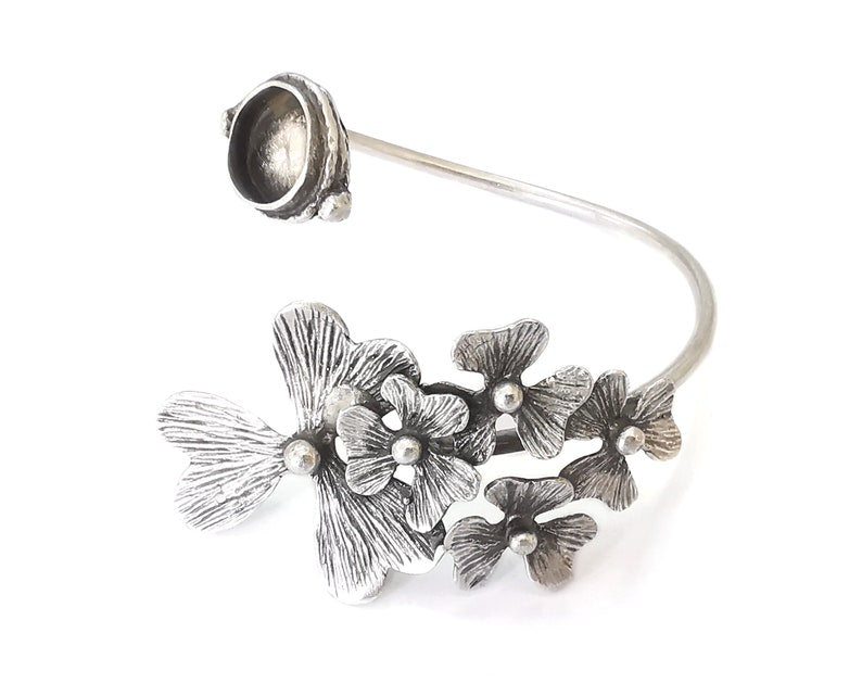 Flowers bracelet brass cuff blank bezel Glass cabochon base Adjustable Antique Silver plated (10mm ) G25534