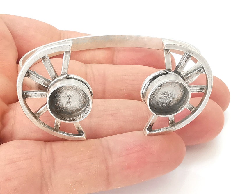 Semi circle silver bracelet cuff blank bezel Glass cabochon base Adjustable antique silver plated brass (12mm ) G25533