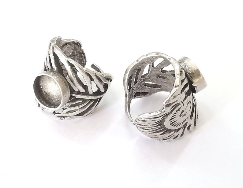 Feather silver ring blank base bezel settings cabochon base mountings adjustable (10mm Blank) , Antique Silver Plated Brass G23522