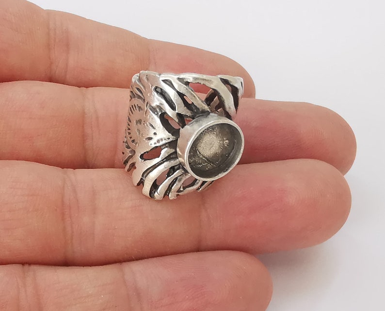 Feather silver ring blank base bezel settings cabochon base mountings adjustable (10mm Blank) , Antique Silver Plated Brass G23522