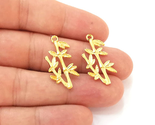 4 Bamboo plant leaf branch charms Shiny gold plated charms (29x14mm) G25581