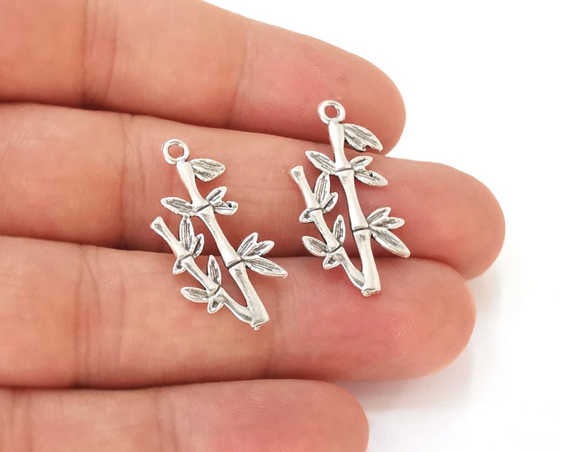 8 Bamboo Plant leaf branch charms Antique silver plated charms (29x14mm) G25583