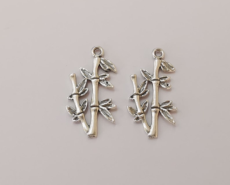 8 Bamboo Plant leaf branch charms Antique silver plated charms (29x14mm) G25583