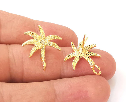 2 Palm tree earring stud base Shiny gold plated brass earring 1 pair (23x20mm) G25640