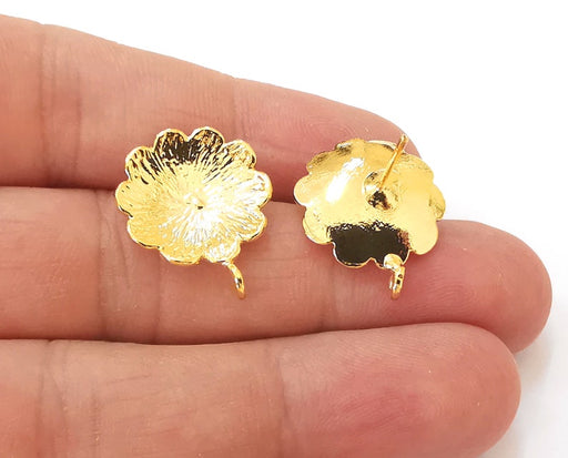 2 Flower earring stud base Shiny gold plated brass earring 1 pair (22x18mm) G25642