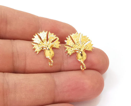 2 Flower earring stud base Shiny gold plated brass earring 1 pair (23x16mm) G25643