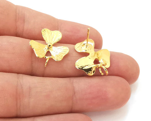 2 Flower earring stud base Shiny gold plated brass earring 1 pair (21x20mm) G25644