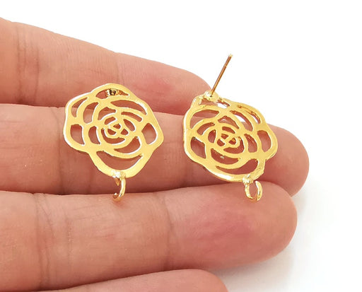 2 Rose flower earring stud base Shiny gold plated brass earring 1 pair (29x20mm) G25645