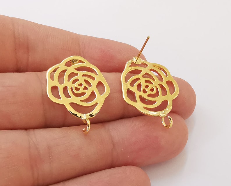 2 Rose flower earring stud base Shiny gold plated brass earring 1 pair (29x20mm) G25645