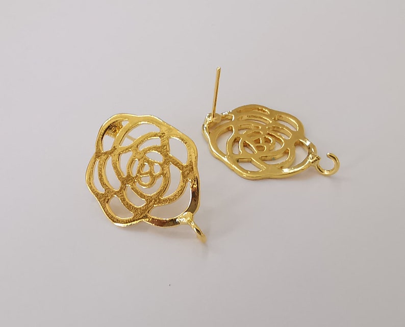 2 Rose flower earring stud base Shiny gold plated brass earring 1 pair (29x20mm) G25645