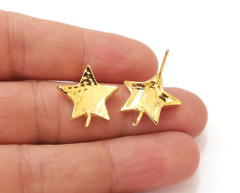 2 Hammered star earring stud base Shiny gold plated brass earring 1 pair (20x19mm) G25646