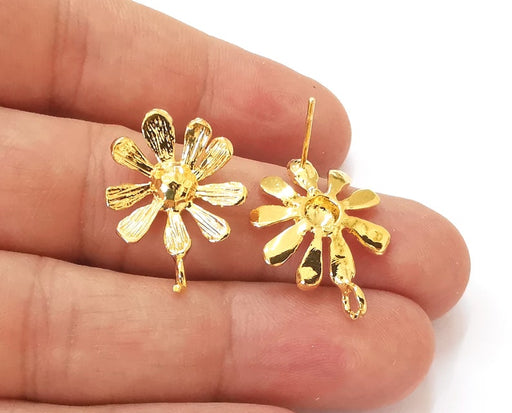 2 Brushed flower earring stud base Shiny gold plated brass earring 1 pair (25x19mm) G25647