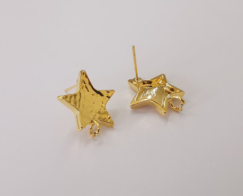 2 Hammered star earring stud base Shiny gold plated brass earring 1 pair (20x19mm) G25646