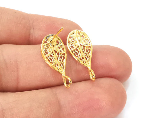 2 Drop filigree earring stud base Shiny gold plated brass earring 1 pair (23x10mm) G25648