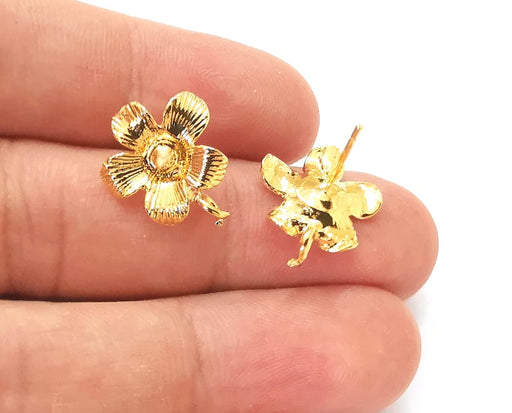 2 Flower earring stud base Shiny gold plated brass earring 1 pair (18x15mm) G25658