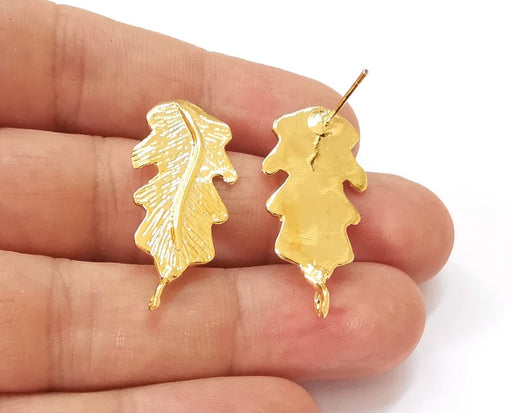 2 Leaf earring stud base Shiny gold plated brass earring 1 pair (35x16mm) G25659