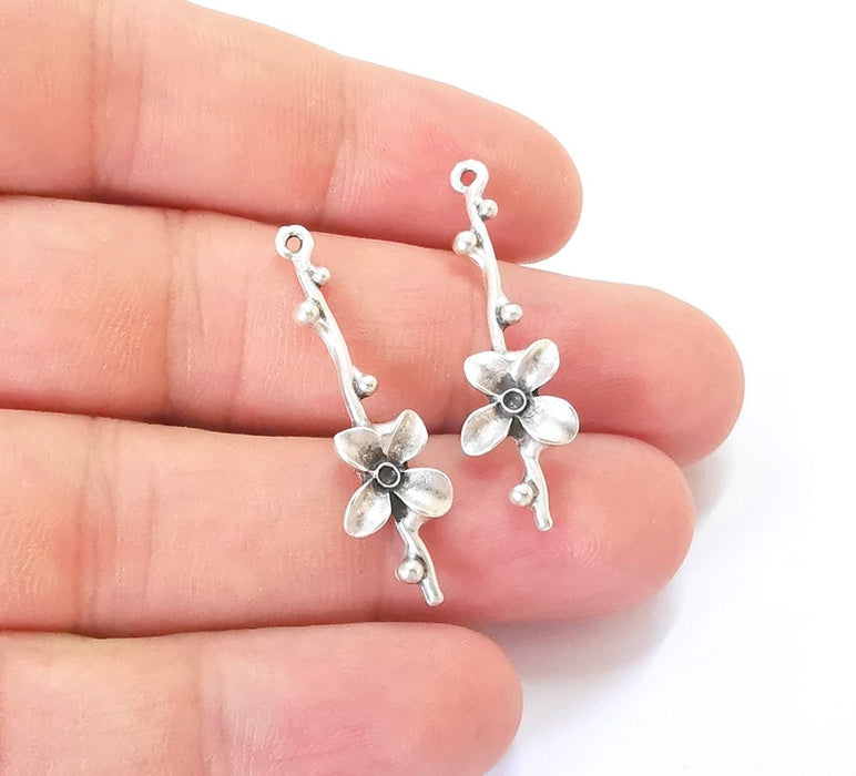 4 Flower Branch Charms Antique Silver Plated Charms (35x10mm) G25806