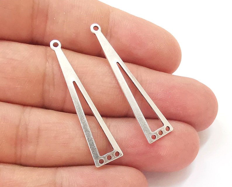 4 Triangle Dangle Connector Charms Antique Silver Plated Brass Charms (40x9mm) G24717