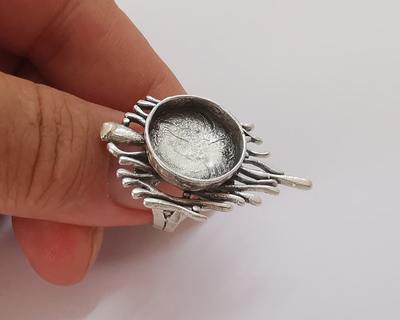 Silver branches nest round ring blank base Antique silver plated brass 39x25mm (Blank Size 16mm) G25830