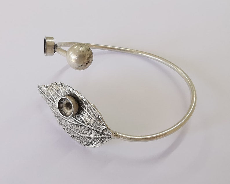 Leaf Bracelet Brass Cuff Blank Bezel Glass Cabochon Base Adjustable Antique Silver Plated Brass (8mm ) G25845