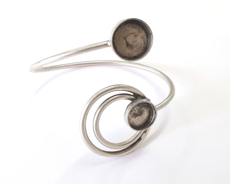 Circles Bracelet Brass Cuff Blank Bezel Glass Cabochon Base Adjustable Antique Silver Plated Brass (14mm and 12mm blanks ) G25846