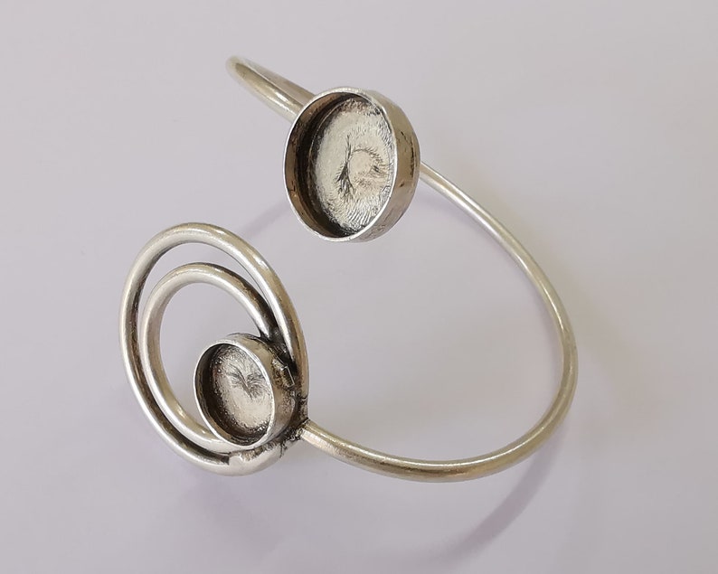 Circles Bracelet Brass Cuff Blank Bezel Glass Cabochon Base Adjustable Antique Silver Plated Brass (14mm and 12mm blanks ) G25846