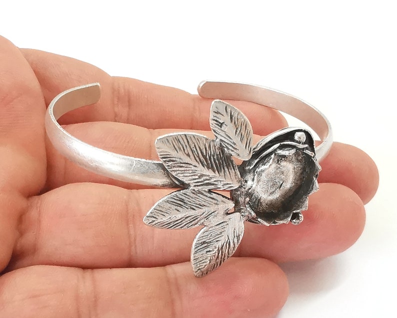 Leaf leaves bracelet brass Cuff blank bezel Glass cabochon base Adjustable Antique silver plated brass (15mm blank) G25852