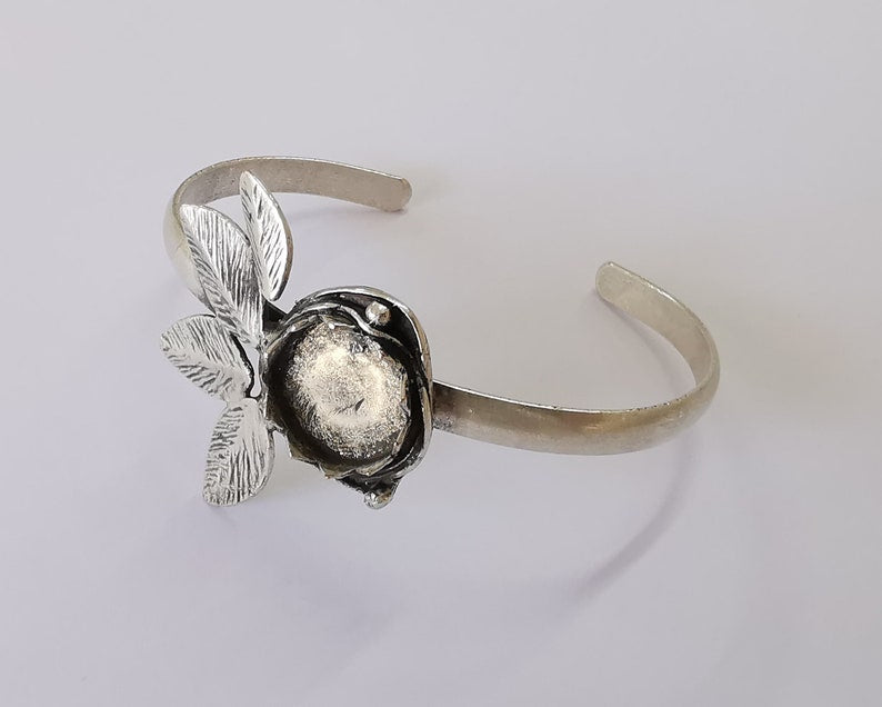 Leaf leaves bracelet brass Cuff blank bezel Glass cabochon base Adjustable Antique silver plated brass (15mm blank) G25852