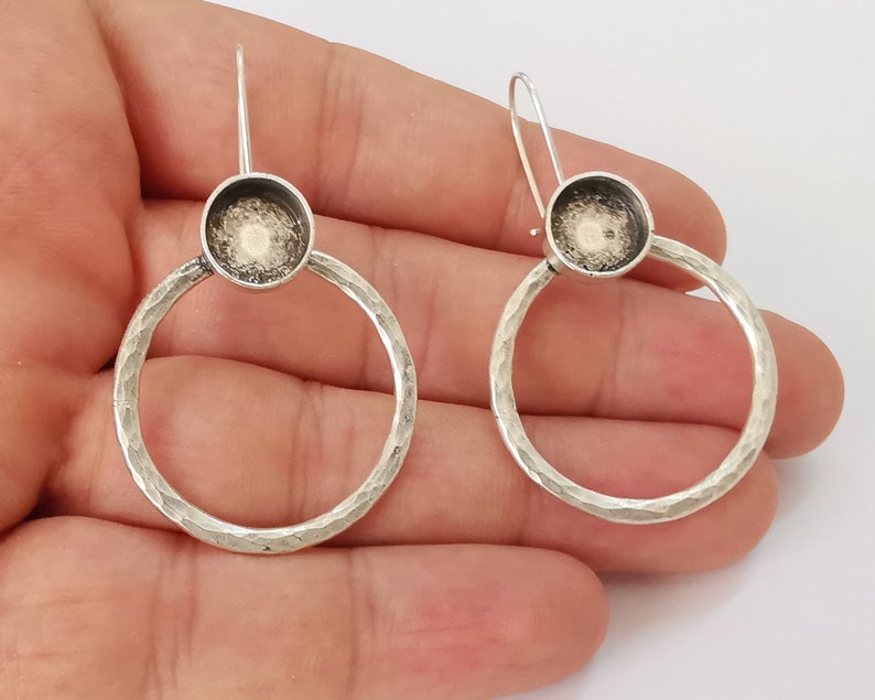 Hammered Earring Blank Base Settings Silver Resin Cabochon Base inlay Blank Mountings Antique Silver Plated Brass (10mm blank) 1 Set G25858