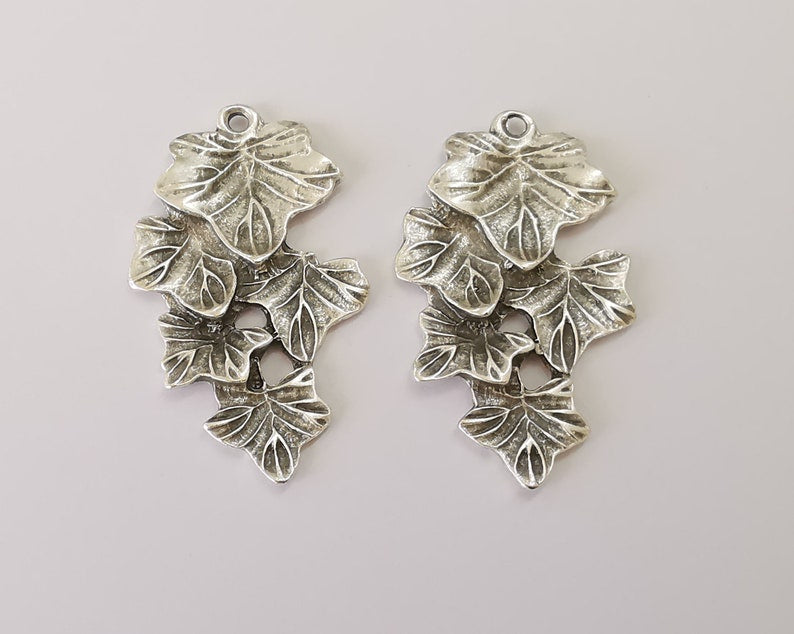 2 Leaf leaves charms Antique silver plated charms (50x28mm) G25861