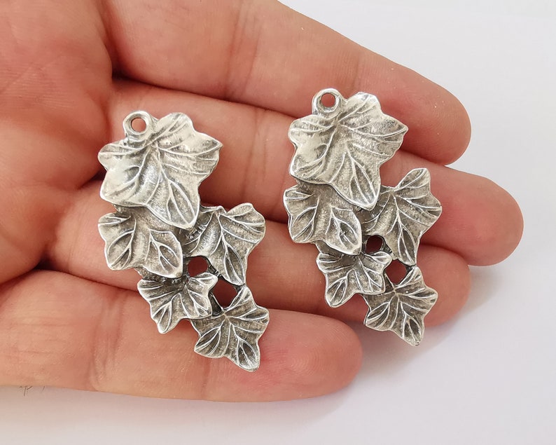 2 Leaf leaves charms Antique silver plated charms (50x28mm) G25861