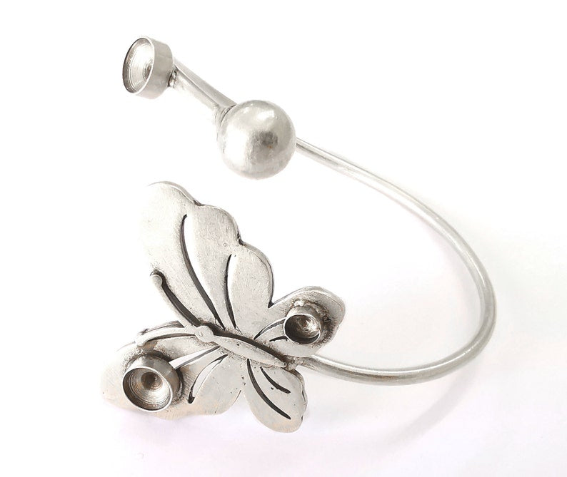 Butterfly ball bracelet brass cuff blank bezel Glass cabochon base Adjustable antique silver brass (8mm and 5mm blanks ) G25863