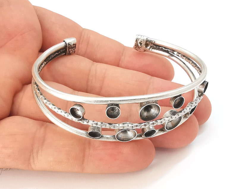 Textured silver bracelet brass cuff blank bezel Glass cabochon base Adjustable antique silver brass (8mm and 5mm blanks ) G25864